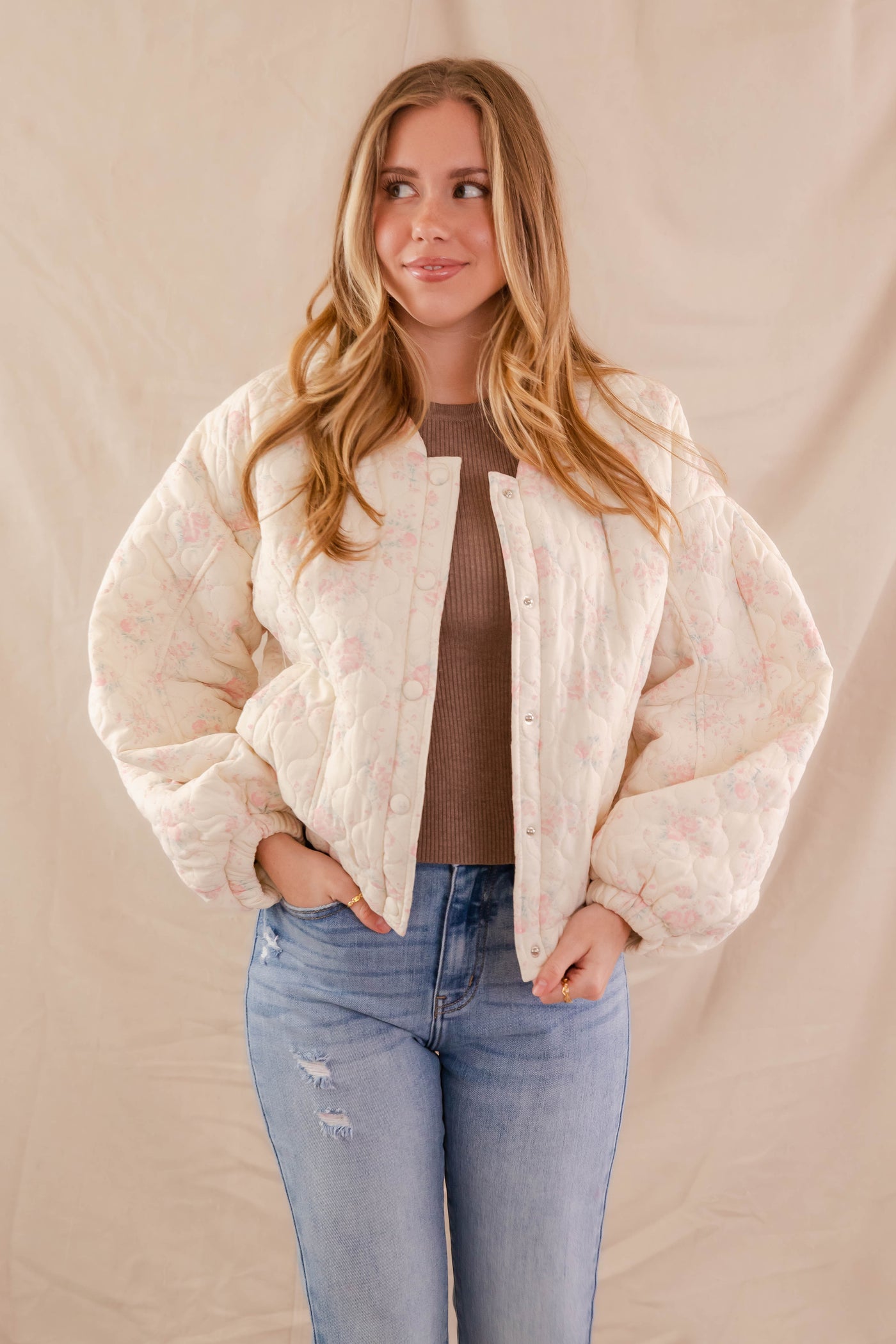 Floral Print Bomber Jacket- Women's Oversized Pink Floral Jacket- Mable Quilted Jacket