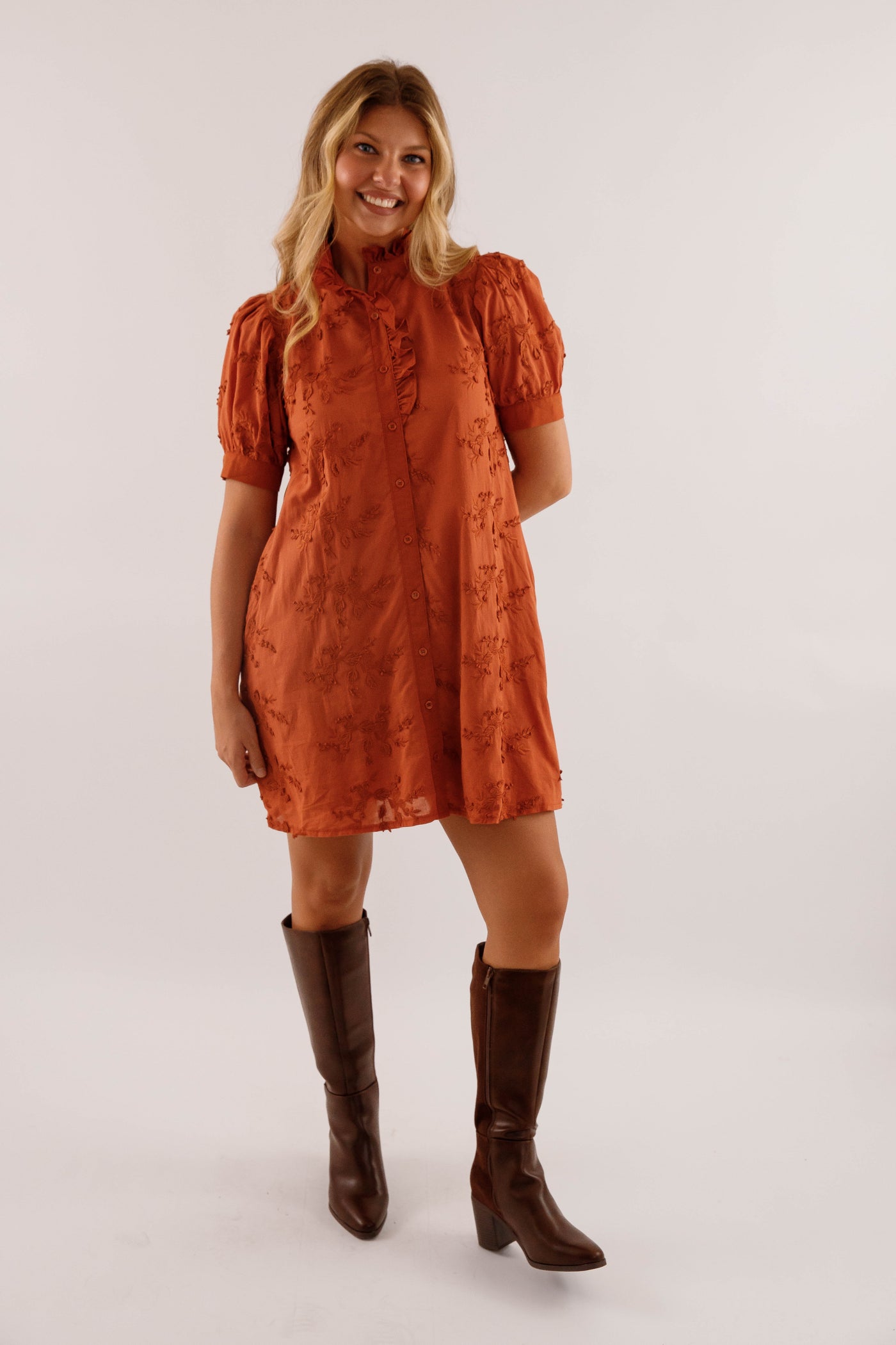 Rust 3D-Floral Mini Dress- Button-Front Cotton Puff-Sleeve Dress- Entro Dresses for Women