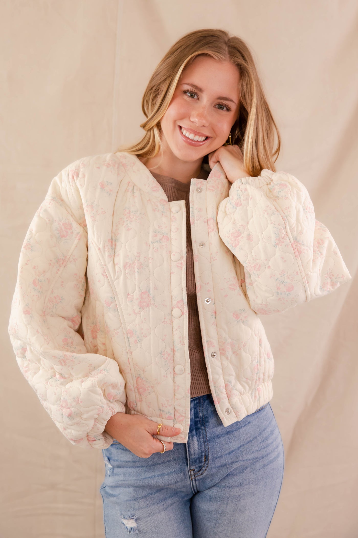 Floral Print Bomber Jacket- Women's Oversized Pink Floral Jacket- Mable Quilted Jacket