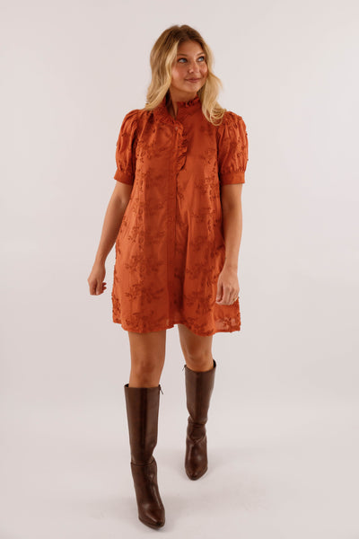 Rust 3D-Floral Mini Dress- Button-Front Cotton Puff-Sleeve Dress- Entro Dresses for Women