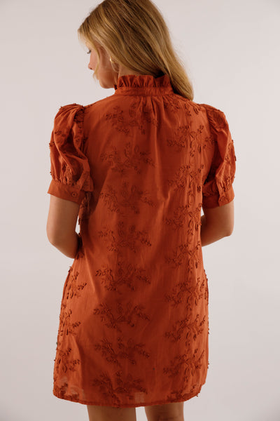 Rust 3D-Floral Mini Dress- Button-Front Cotton Puff-Sleeve Dress- Entro Dresses for Women