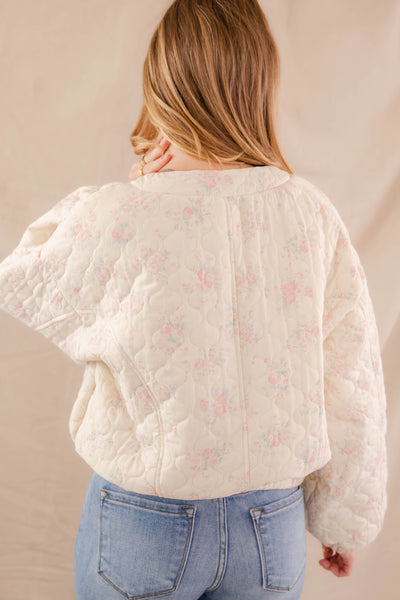 Floral Print Bomber Jacket- Women's Oversized Pink Floral Jacket- Mable Quilted Jacket