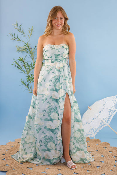 Light Blue Floral Dress- Lace-Up Maxi Dress- Strapless Floral Cocktail Dress
