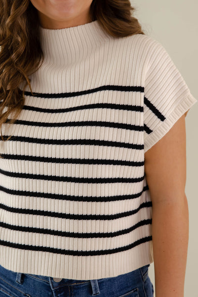 Ribbed Knit Sweater For Women- Women's Black and White Stripe Sweater- Women's Preppy Winter Tops