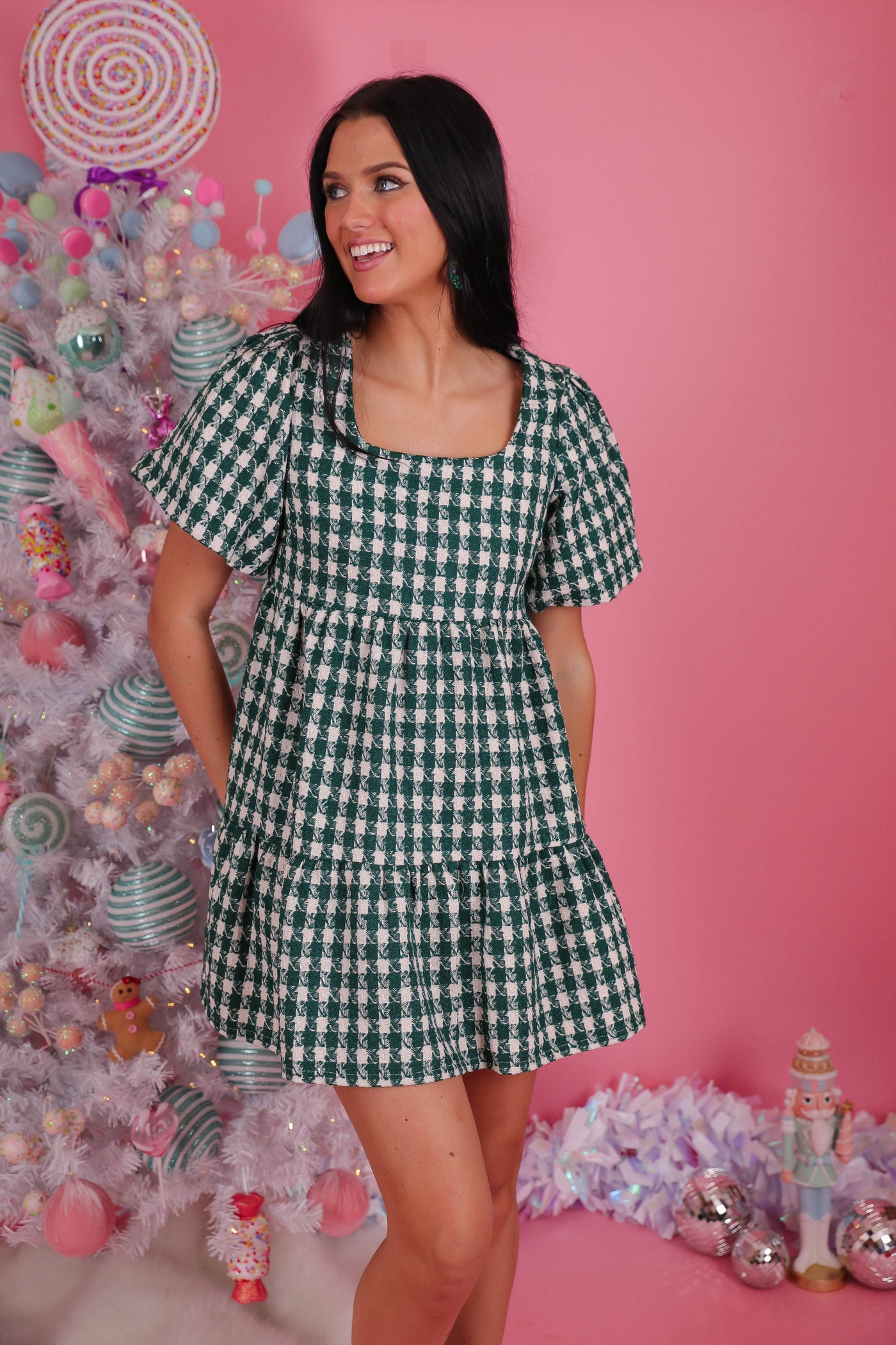 Women's Green and White Tweed Dress- Women's Houndstooth Dress- Entro Dresses