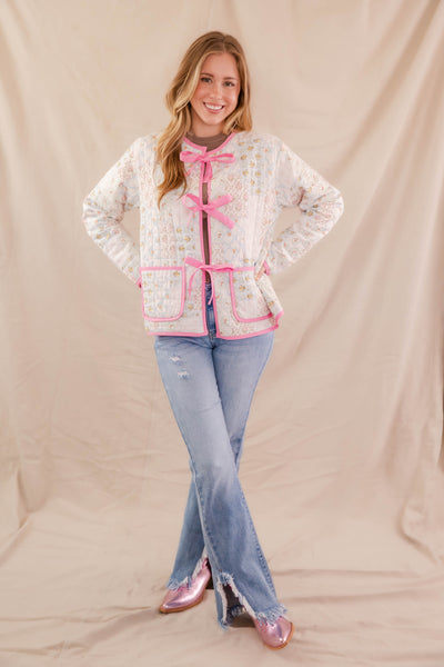 Quilted Patchwork Floral Print Jacket- Women's Quilted Pink Jacket- Bow Jacket For Women