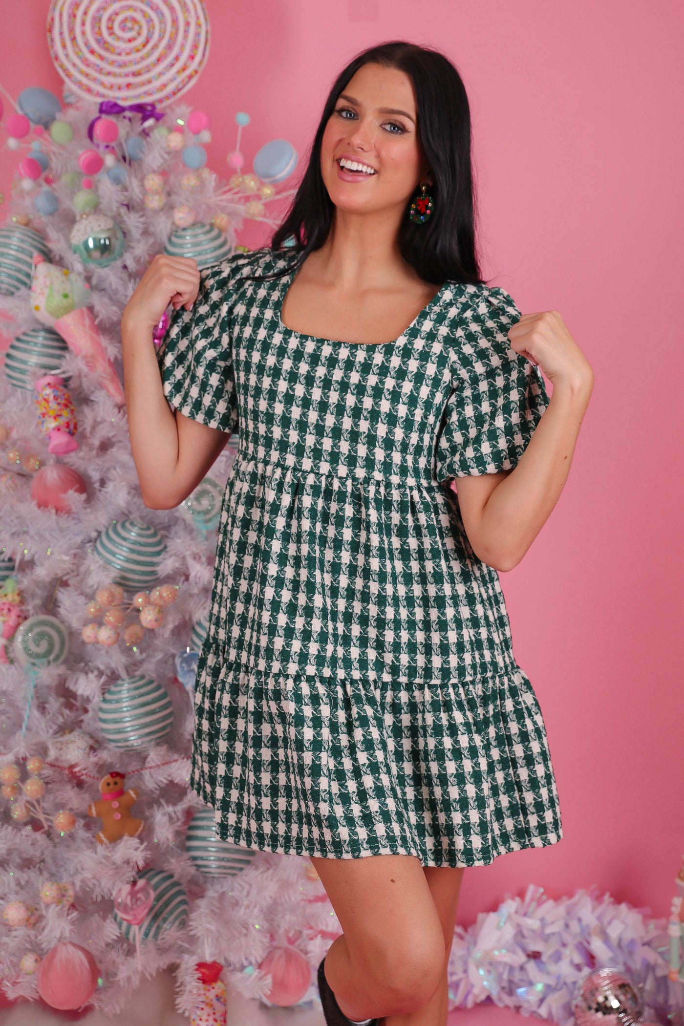 Women's Green and White Tweed Dress- Women's Houndstooth Dress- Entro Dresses