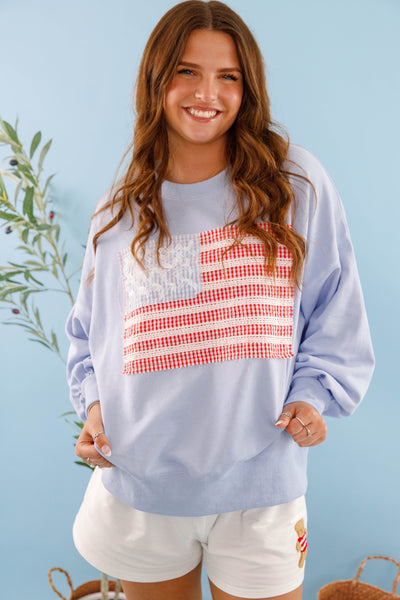 Women's Blue American Flag Pullover- Ribbon and Bow Flag Pullover