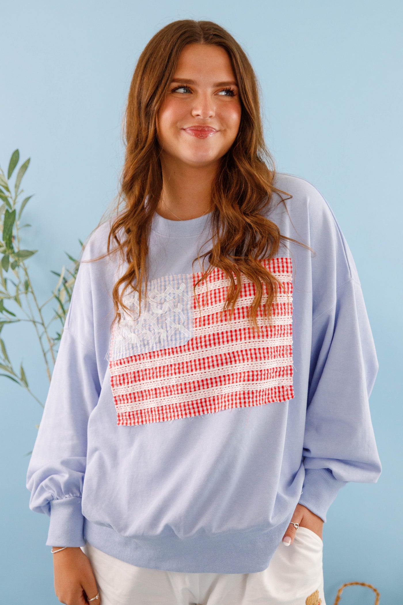 Women's Blue American Flag Pullover- Ribbon and Bow Flag Pullover