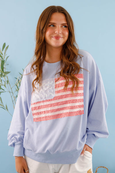 Women's Blue American Flag Pullover- Ribbon and Bow Flag Pullover