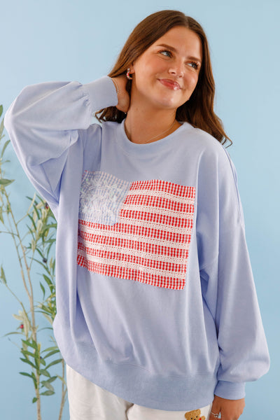 Women's Blue American Flag Pullover- Ribbon and Bow Flag Pullover