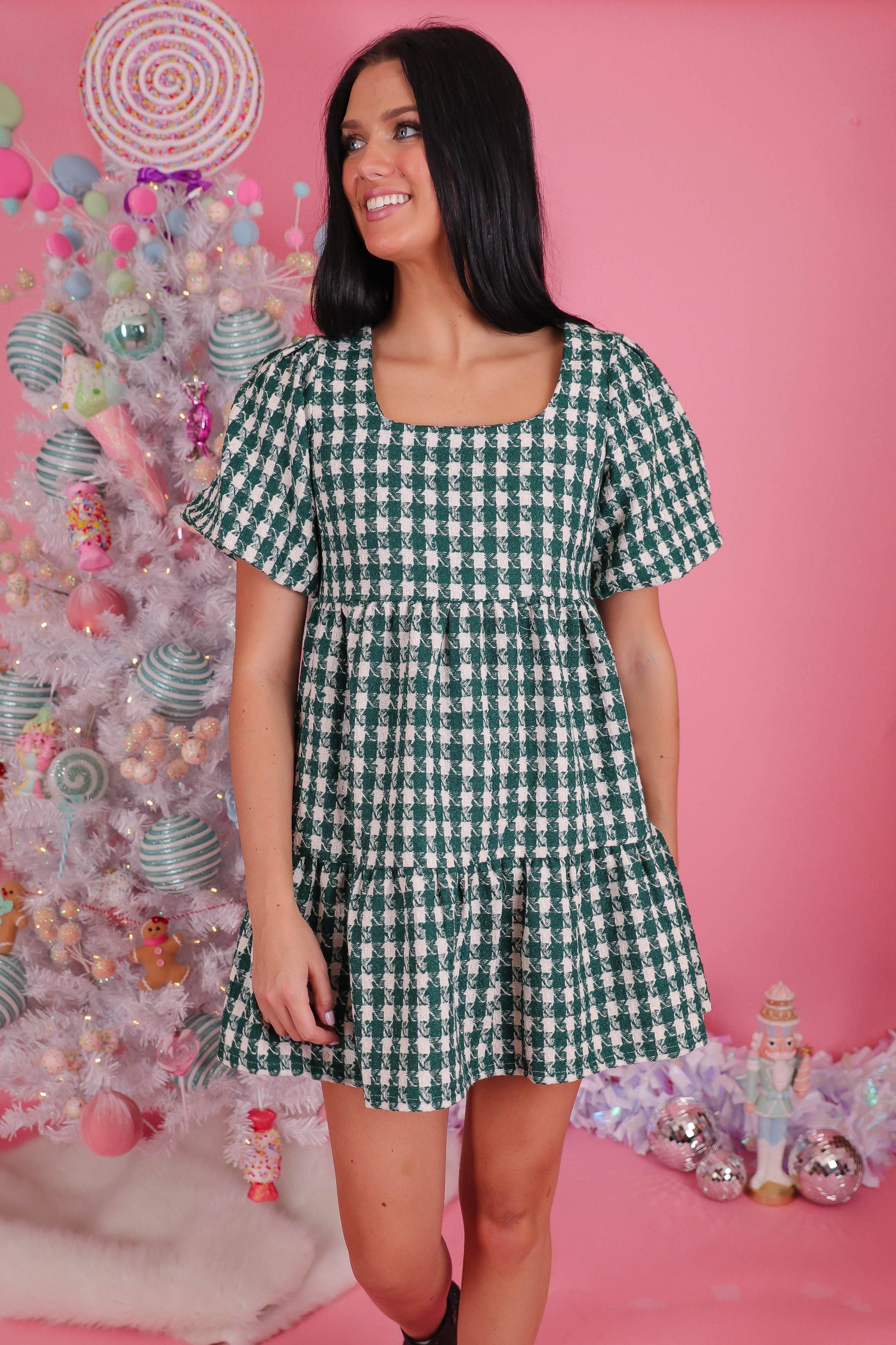 Women's Green and White Tweed Dress- Women's Houndstooth Dress- Entro Dresses