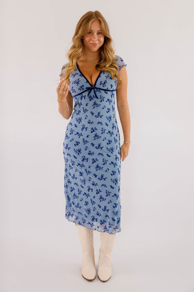 Blue Floral Velvet Midi Dress- 2000s Style Dresses- Creamon Dresses