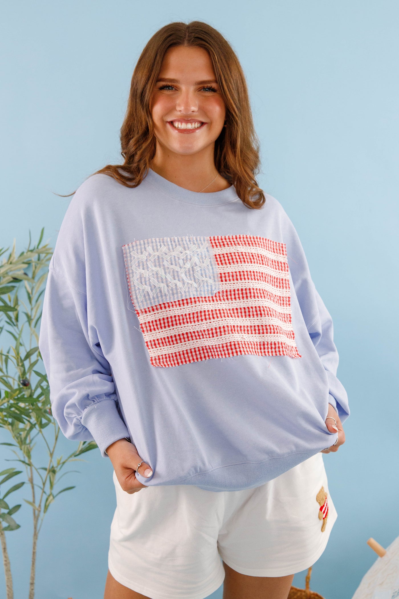 Women's Blue American Flag Pullover- Ribbon and Bow Flag Pullover