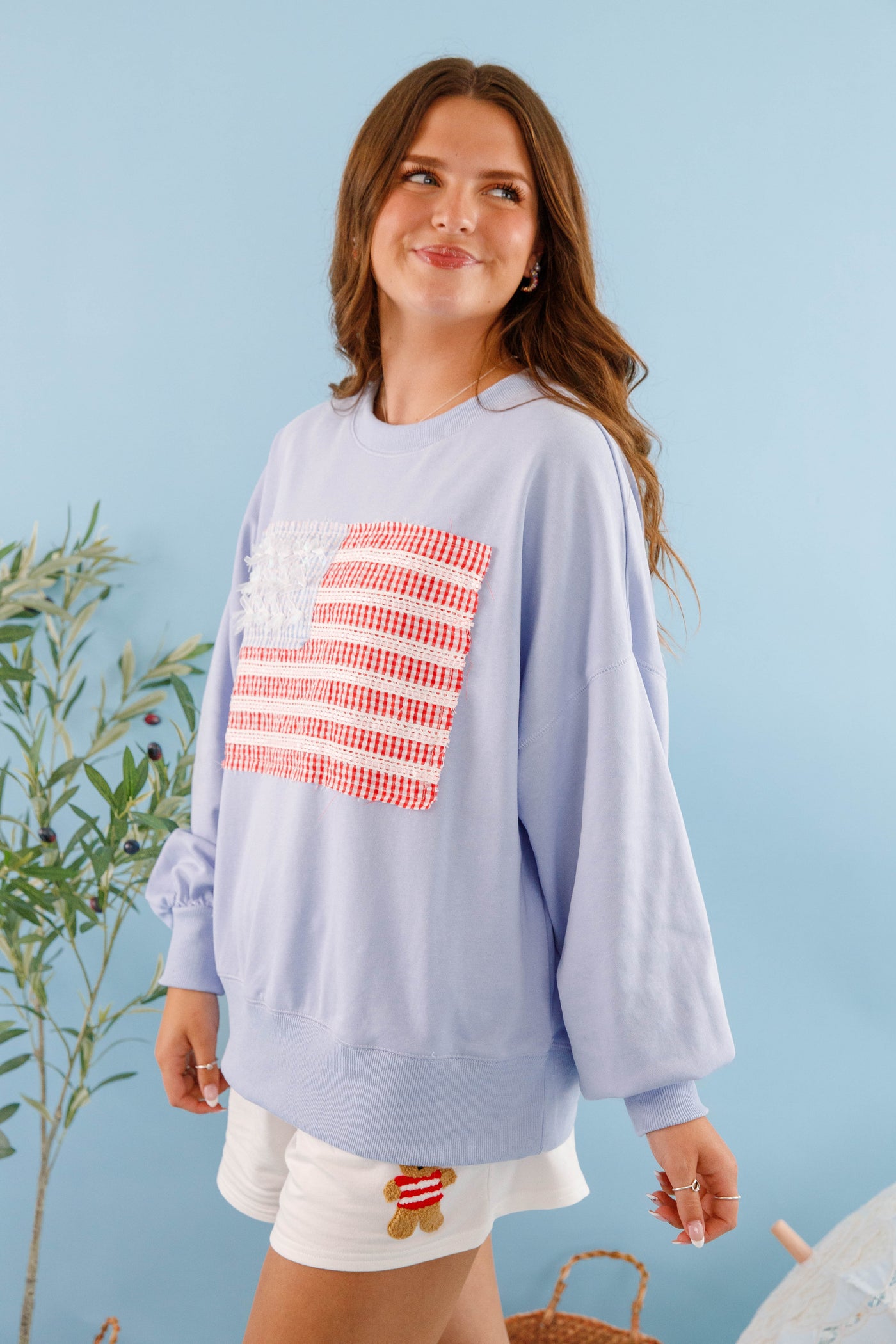 Women's Blue American Flag Pullover- Ribbon and Bow Flag Pullover