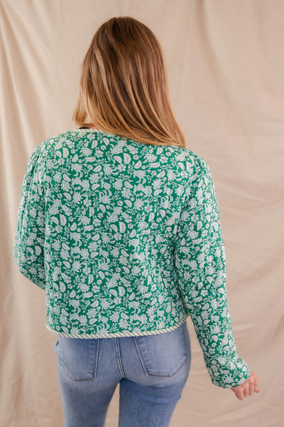 Green Floral Print Coat- Women's Floral Quilt Jacket- Bow Tie Quilted Jacket