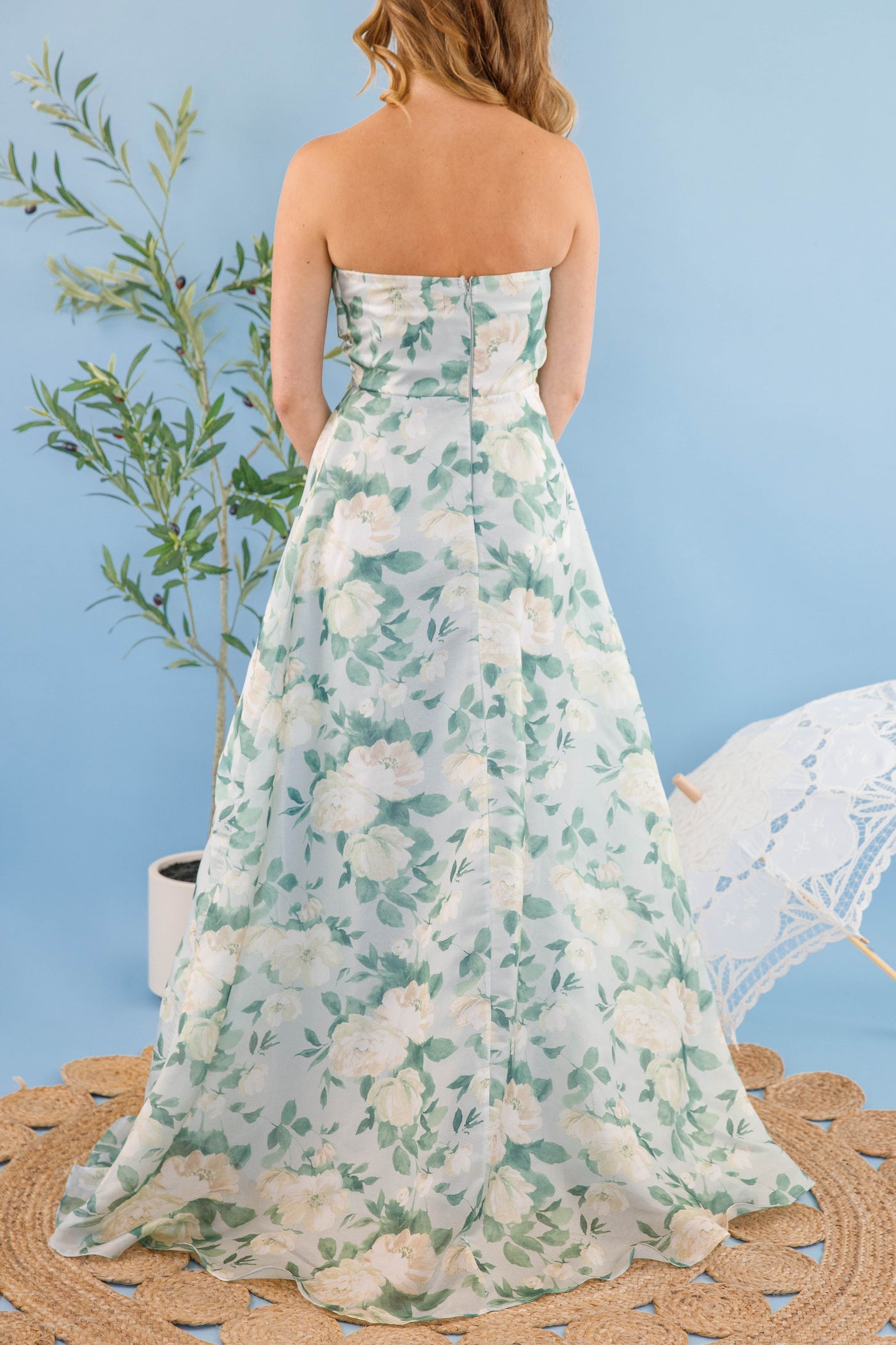 Light Blue Floral Dress- Lace-Up Maxi Dress- Strapless Floral Cocktail Dress