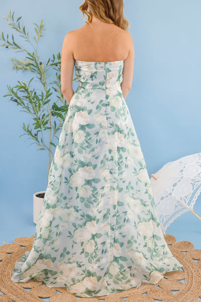 Light Blue Floral Dress- Lace-Up Maxi Dress- Strapless Floral Cocktail Dress