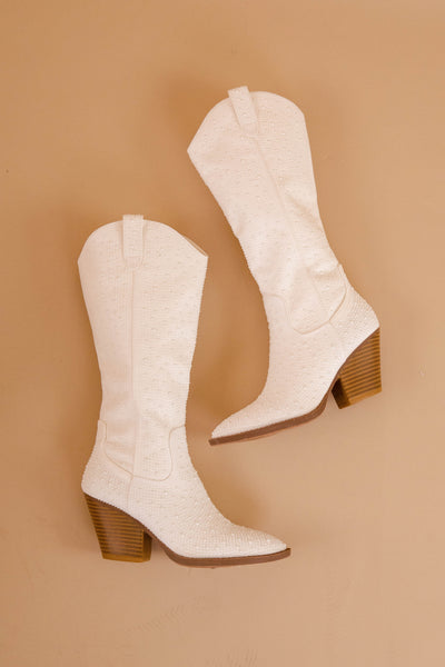 White Pearl Boots- Western Style Rhinestone Boots- Tall Pearl Boots