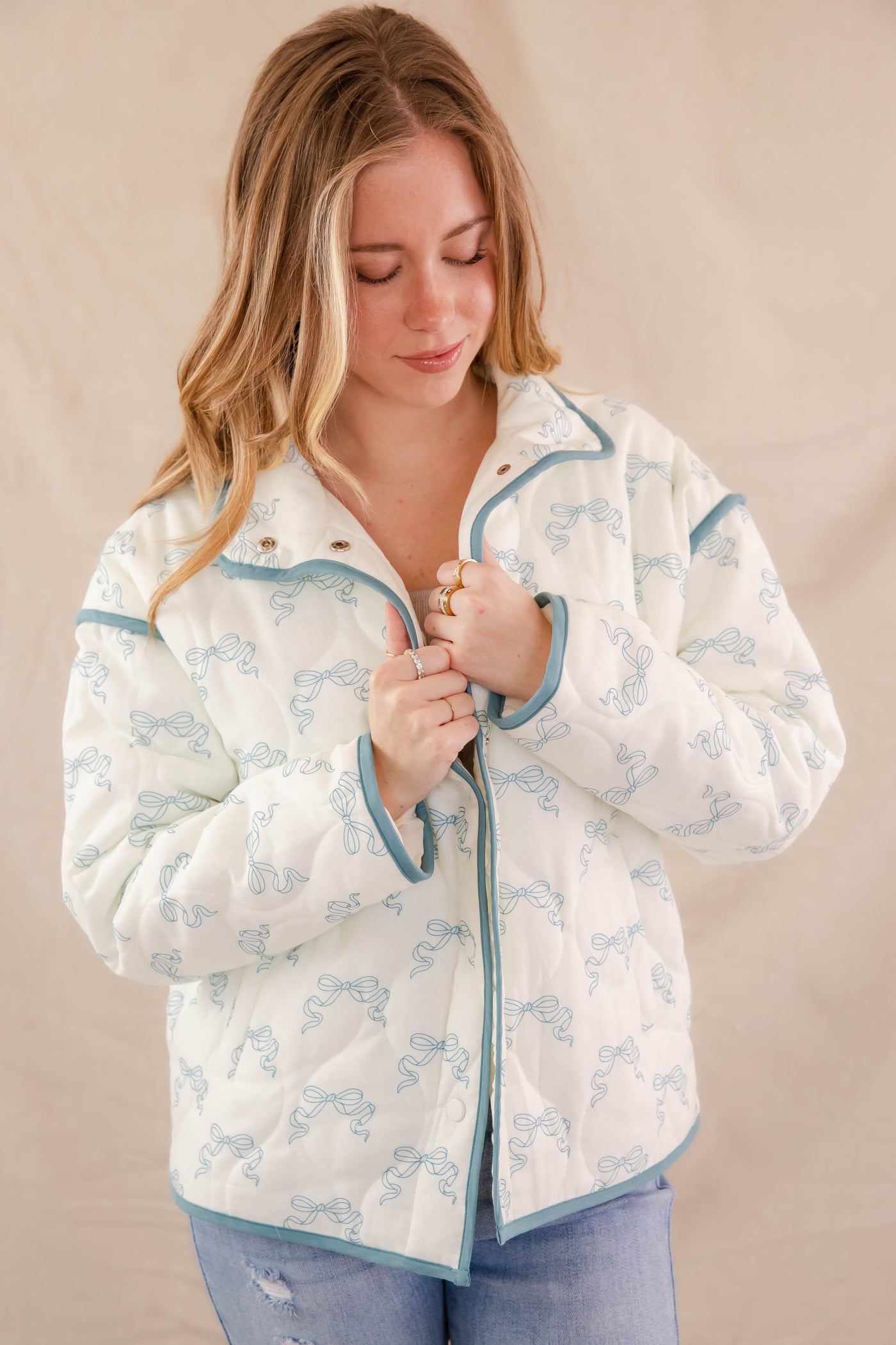 Quilted Blue Bow Jacket- Women's Ribbon Bow Jacket