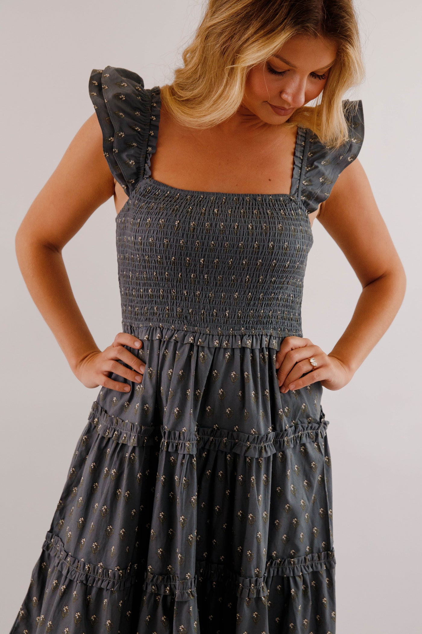 Smocked Bodice Tiered Midi Dress- Ruffle Strap Cotton Midi Dress- Floral Print Day to Evening Dress