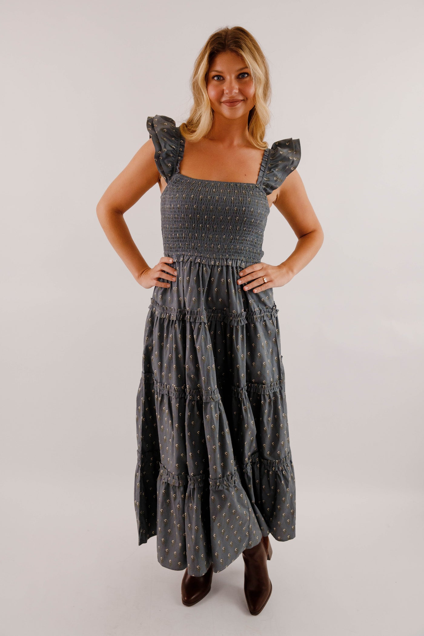 Smocked Bodice Tiered Midi Dress- Ruffle Strap Cotton Midi Dress- Floral Print Day to Evening Dress