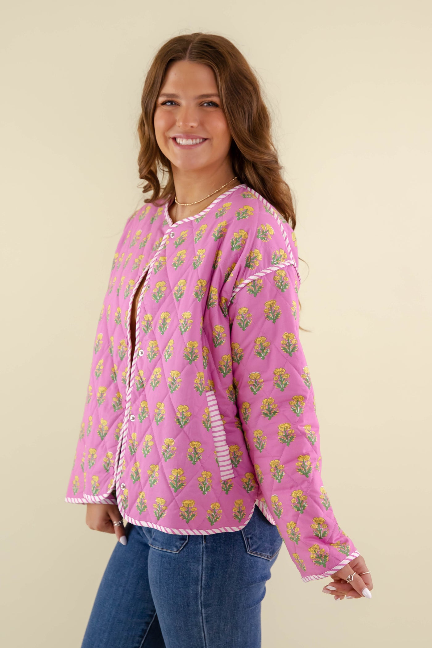 Pink Quilted Floral Jacket- Women's Vintage Inspired Quilted Jacket- Entro Quilted Jacket