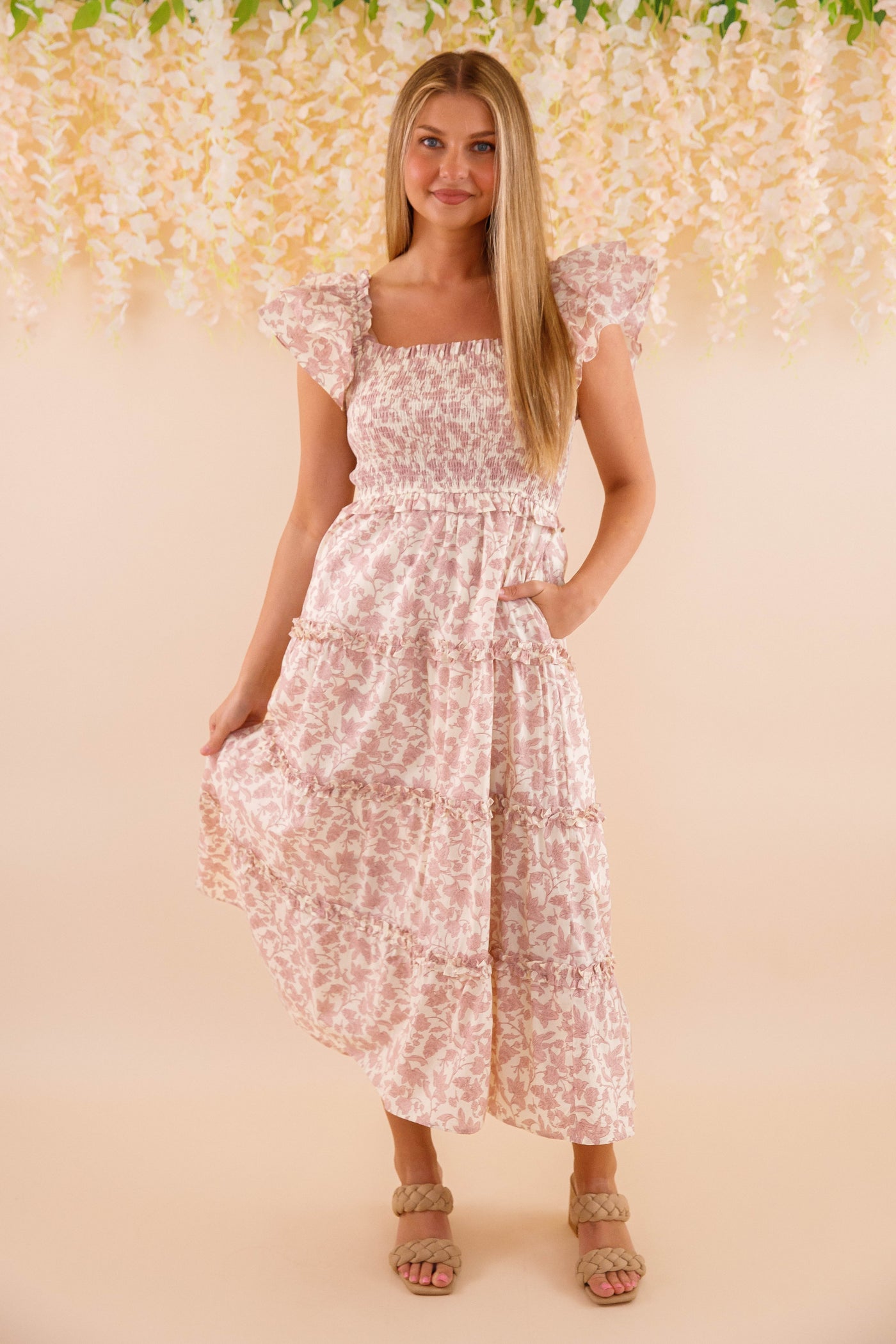Ruffle Floral Print Midi Dress- Women's Pink Dresses- Smocked Midi Dress