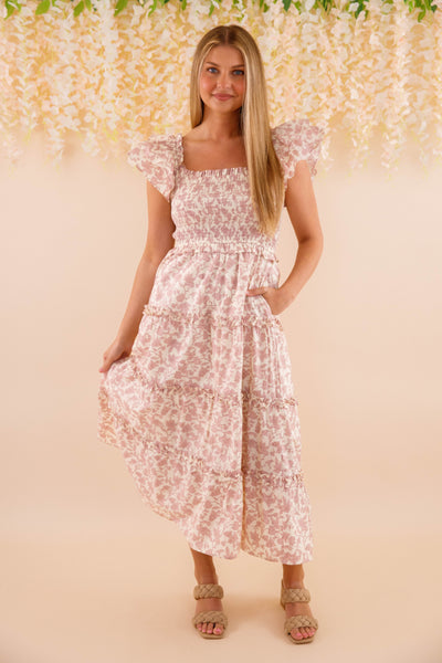 Ruffle Floral Print Midi Dress- Women's Pink Dresses- Smocked Midi Dress