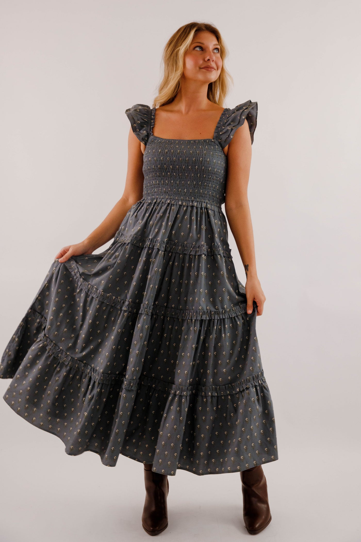 Smocked Bodice Tiered Midi Dress- Ruffle Strap Cotton Midi Dress- Floral Print Day to Evening Dress