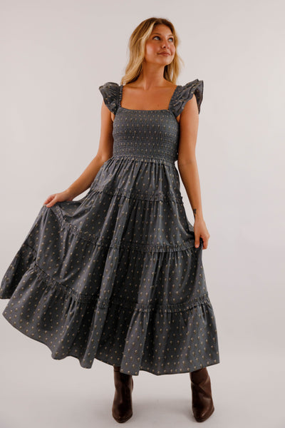 Smocked Bodice Tiered Midi Dress- Ruffle Strap Cotton Midi Dress- Floral Print Day to Evening Dress