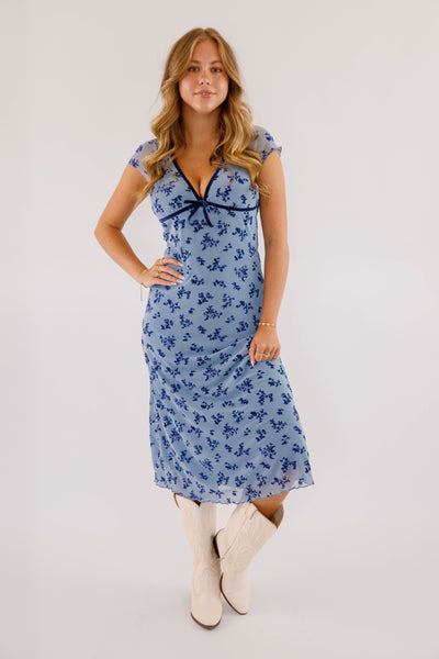 Blue Floral Velvet Midi Dress- 2000s Style Dresses- Creamon Dresses