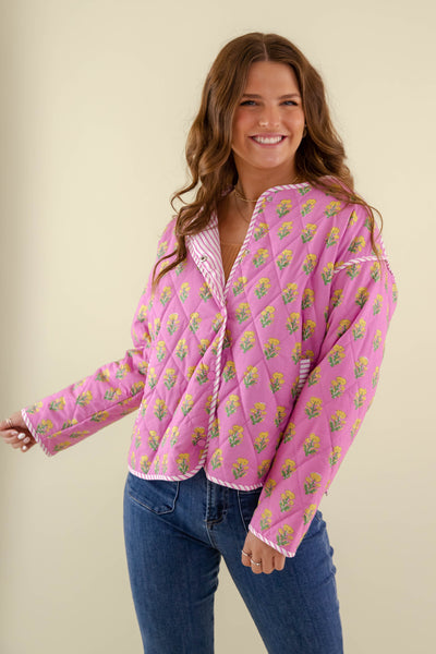 Pink Quilted Floral Jacket- Women's Vintage Inspired Quilted Jacket- Entro Quilted Jacket