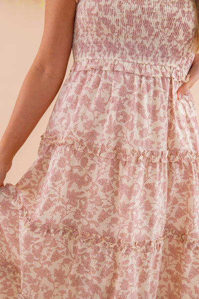 Ruffle Floral Print Midi Dress- Women's Pink Dresses- Smocked Midi Dress