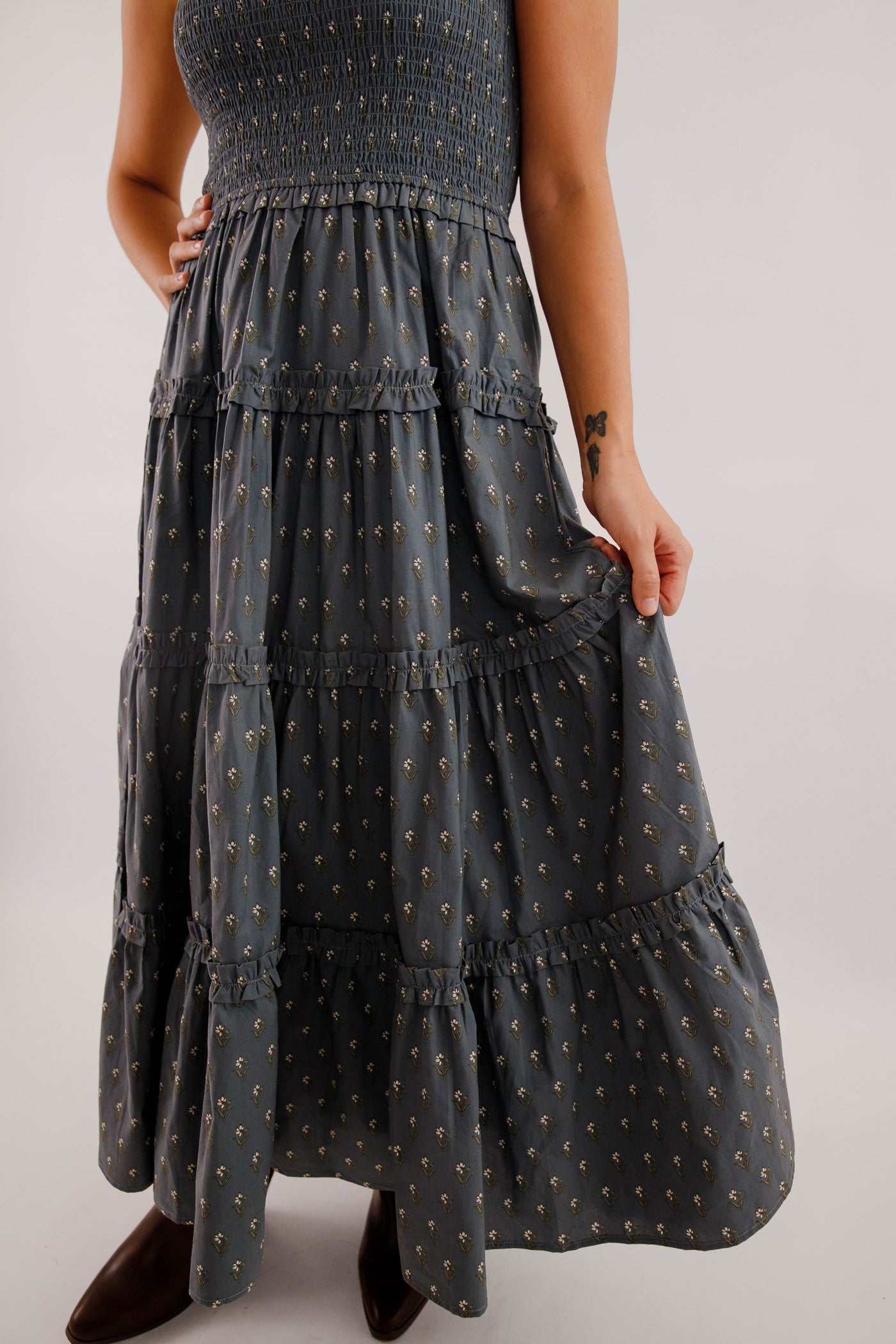 Smocked Bodice Tiered Midi Dress- Ruffle Strap Cotton Midi Dress- Floral Print Day to Evening Dress