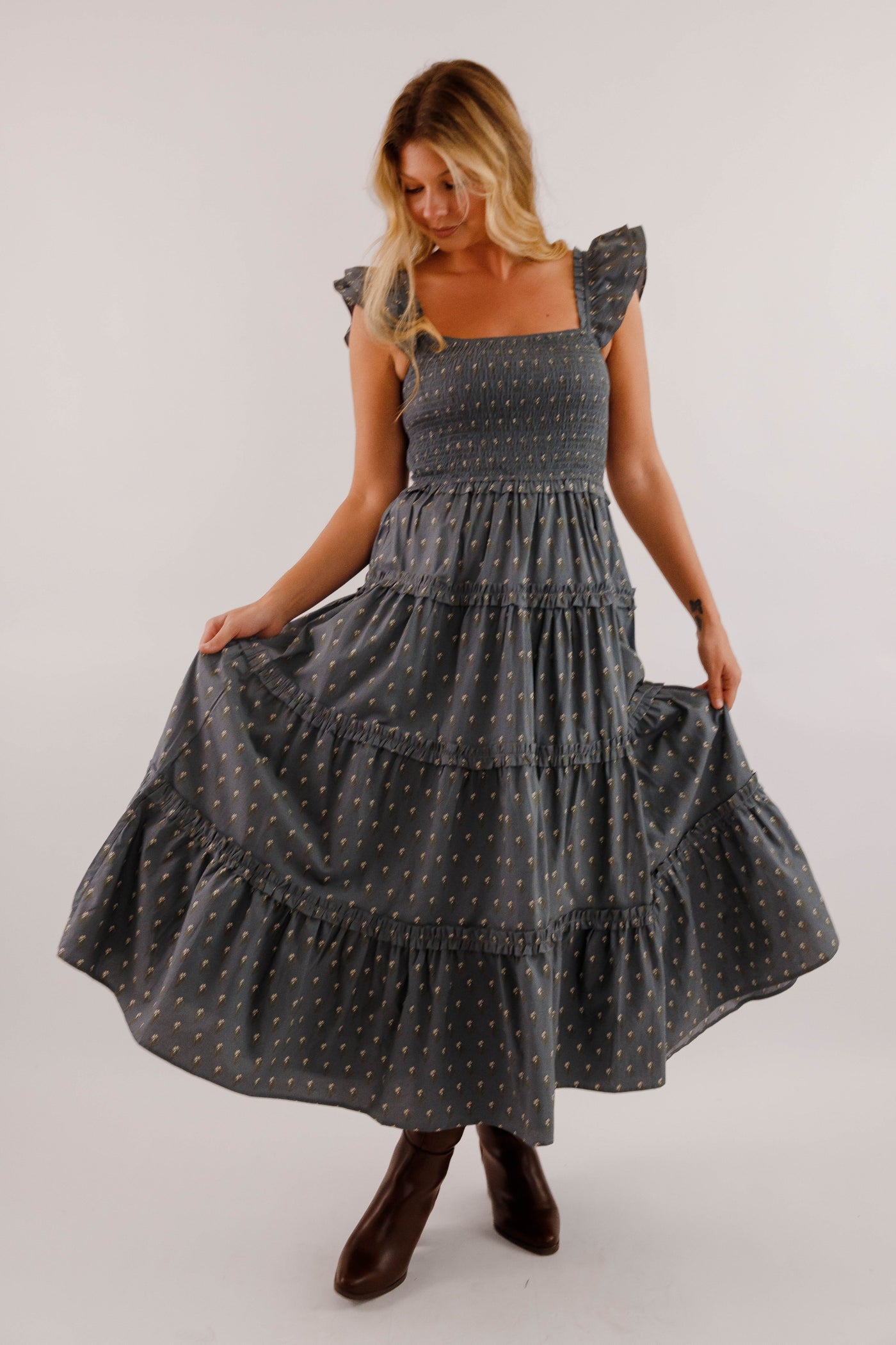 Smocked Bodice Tiered Midi Dress- Ruffle Strap Cotton Midi Dress- Floral Print Day to Evening Dress