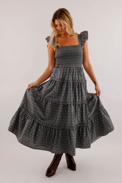 Smocked Bodice Tiered Midi Dress- Ruffle Strap Cotton Midi Dress- Floral Print Day to Evening Dress
