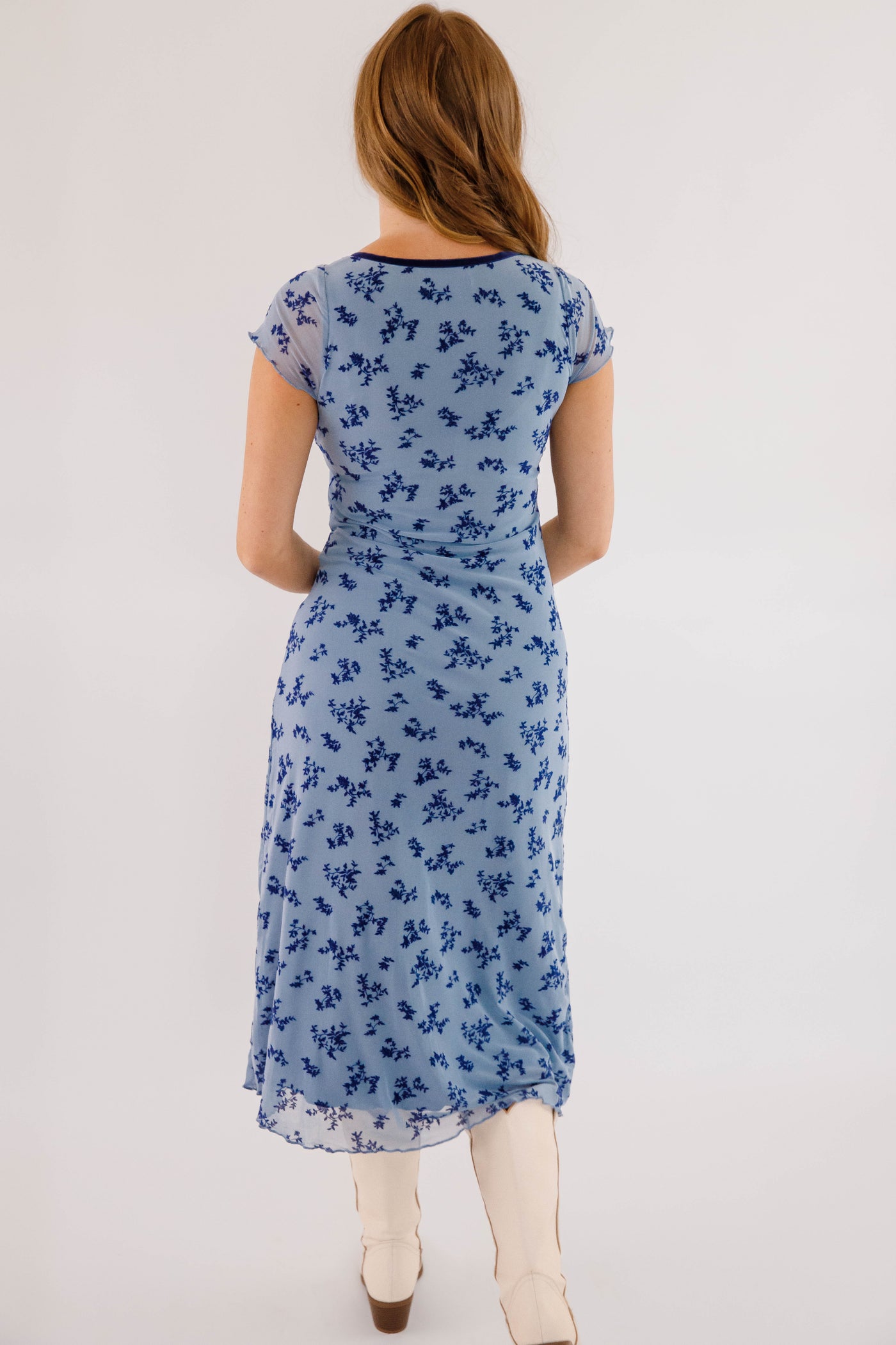 Blue Floral Velvet Midi Dress- 2000s Style Dresses- Creamon Dresses
