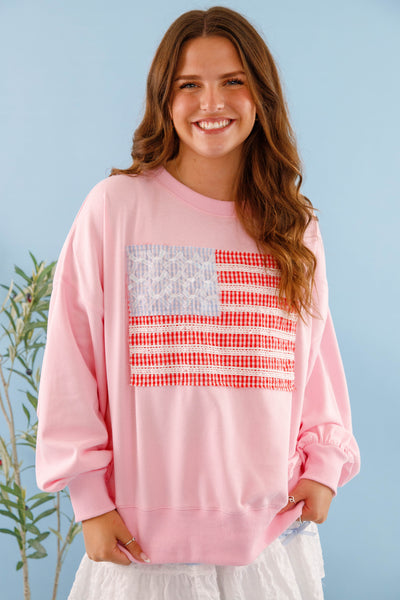 Women's Blush Pink American Flag Pullover- Ribbon and Bow Flag Pullover