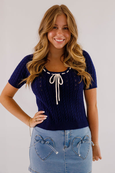 Navy Blue Pointelle Sweater- Women's Navy and Ivory Bow Sweater- Short Sleeve Knitted Sweater for Women