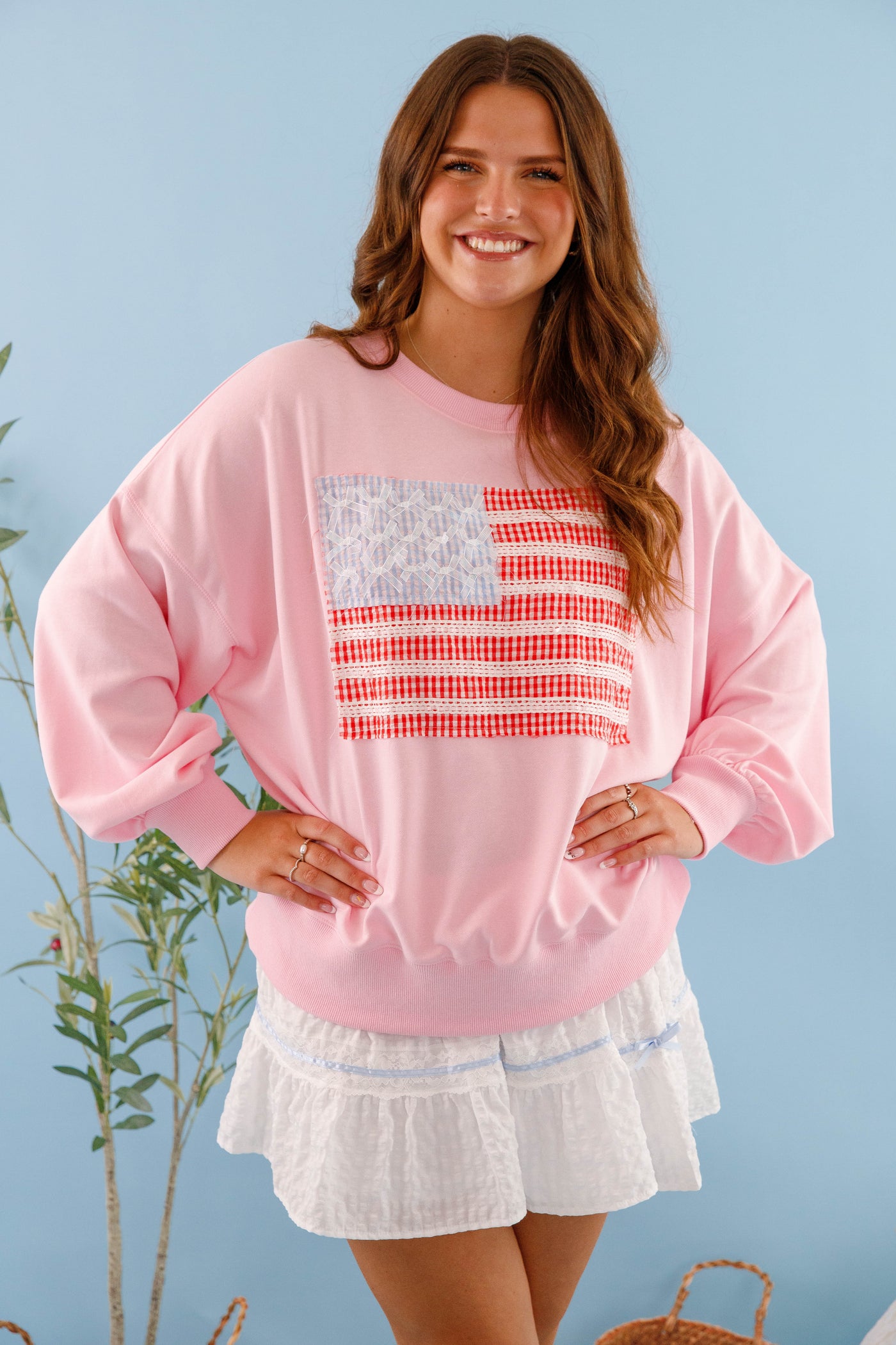 Women's Blush Pink American Flag Pullover- Ribbon and Bow Flag Pullover