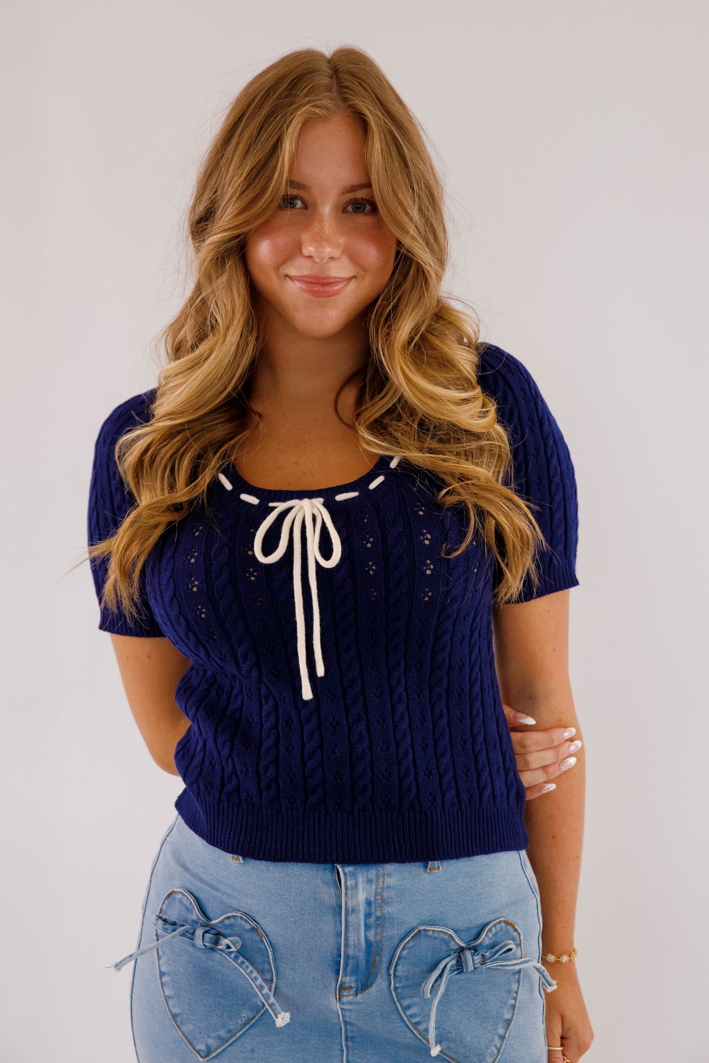 Navy Blue Pointelle Sweater- Women's Navy and Ivory Bow Sweater- Short Sleeve Knitted Sweater for Women