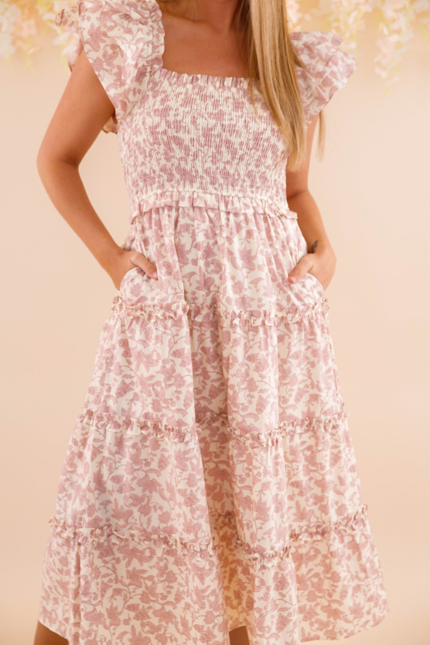 Ruffle Floral Print Midi Dress- Women's Pink Dresses- Smocked Midi Dress