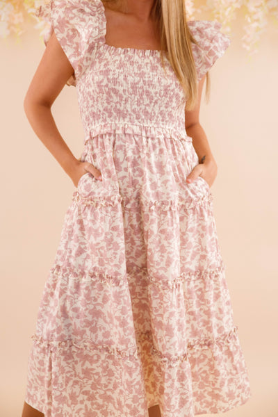 Ruffle Floral Print Midi Dress- Women's Pink Dresses- Smocked Midi Dress