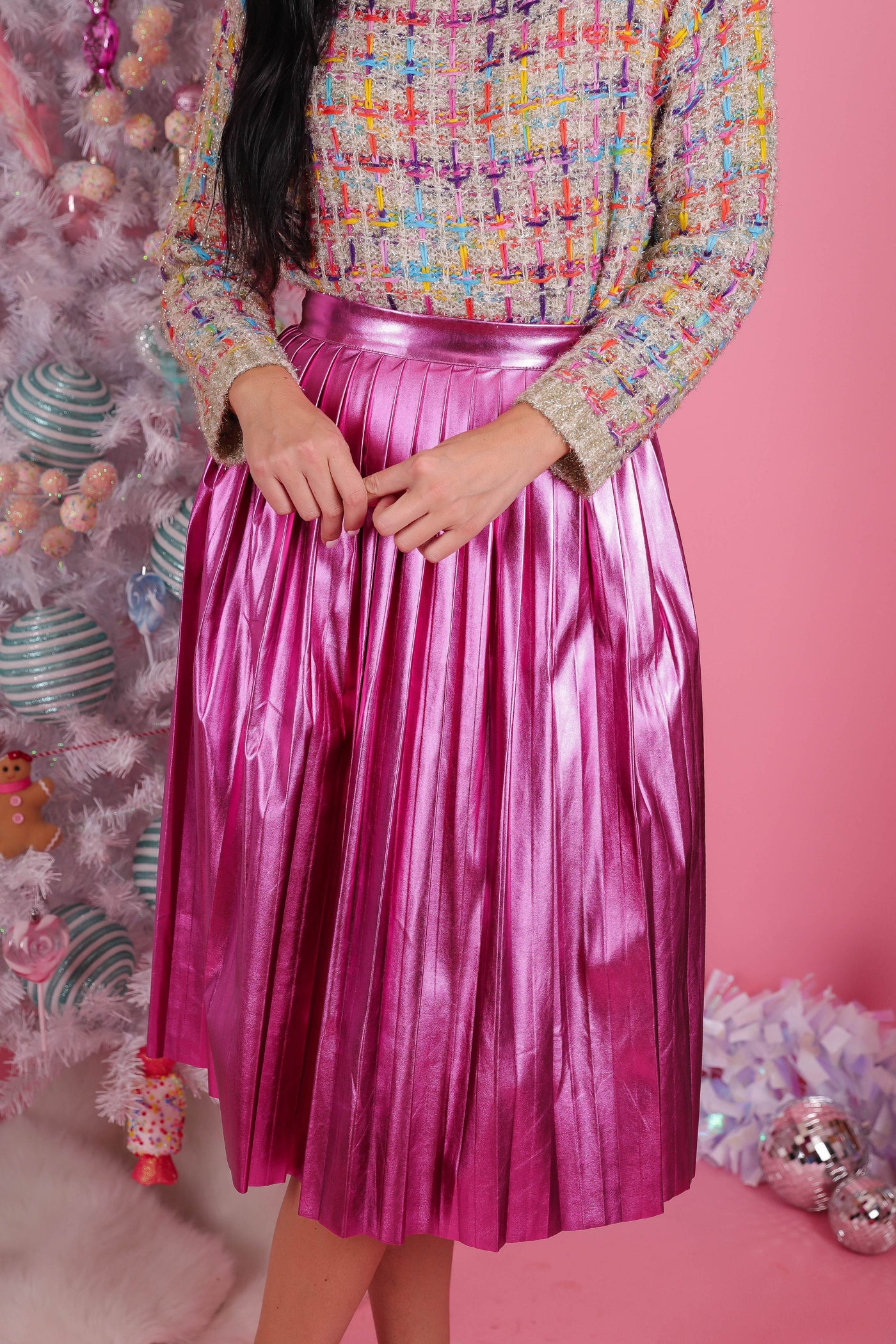 Women's Pink Pleated Midi Skirt- Women's Pink Metallic Skirt- Idem Ditto Skirt