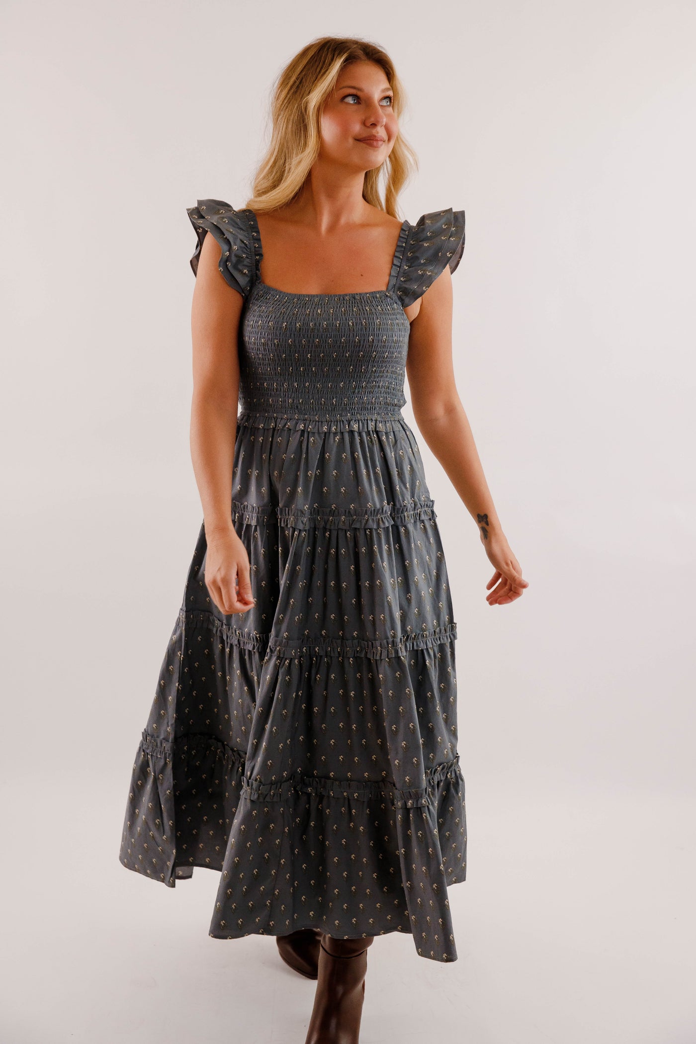 Smocked Bodice Tiered Midi Dress- Ruffle Strap Cotton Midi Dress- Floral Print Day to Evening Dress