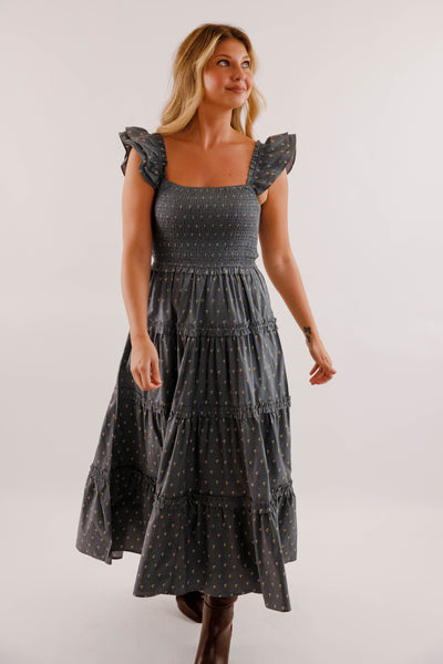 Smocked Bodice Tiered Midi Dress- Ruffle Strap Cotton Midi Dress- Floral Print Day to Evening Dress