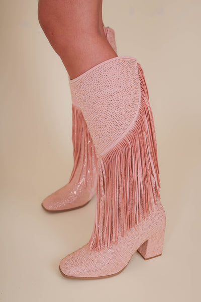 Women's Pink Rhinestone Fringe Boots- Tall Rhinestone Fringe Boots- Pierre Dumas Rhinestone Pink Boots