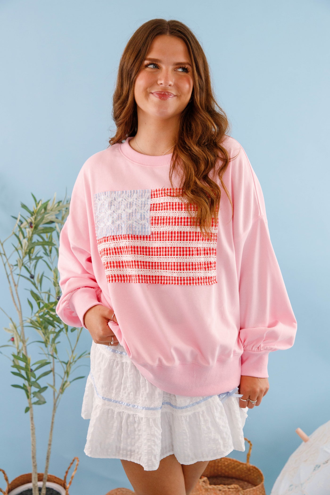 Women's Blush Pink American Flag Pullover- Ribbon and Bow Flag Pullover