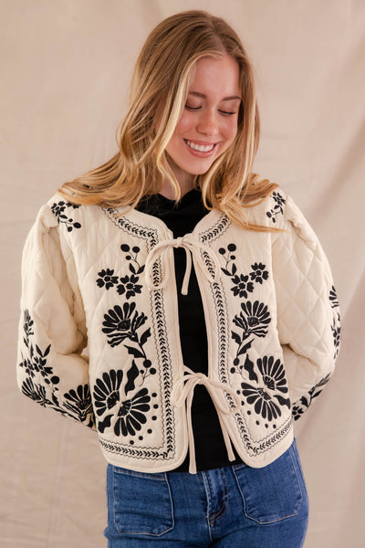 Floral Embroidery Quilted Jacket- Women's Boxy Quilt Jacket- Front Tie Coat